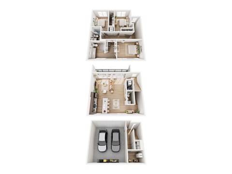 Three floor plans of a house with a garage.